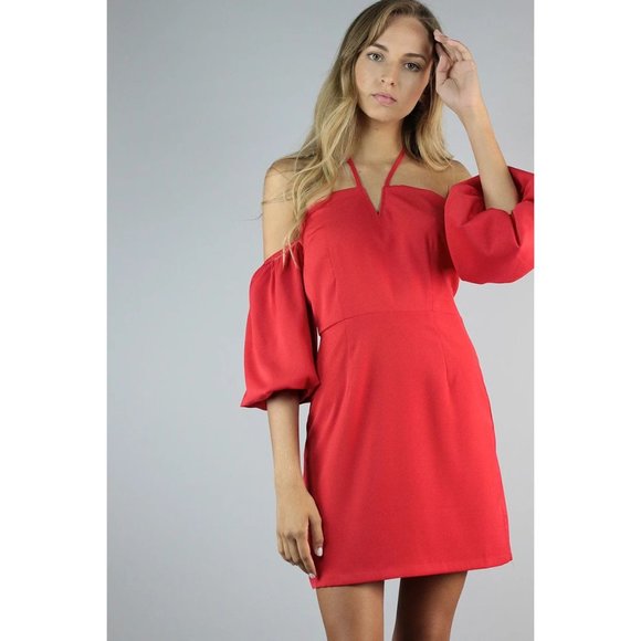 J.O.A. Red Puff Sleeve Halter Mini Dress sz M NEW - Picture 11 of 11